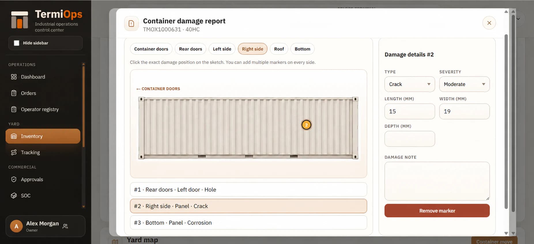 TermiOps container damage report with visual damage markers