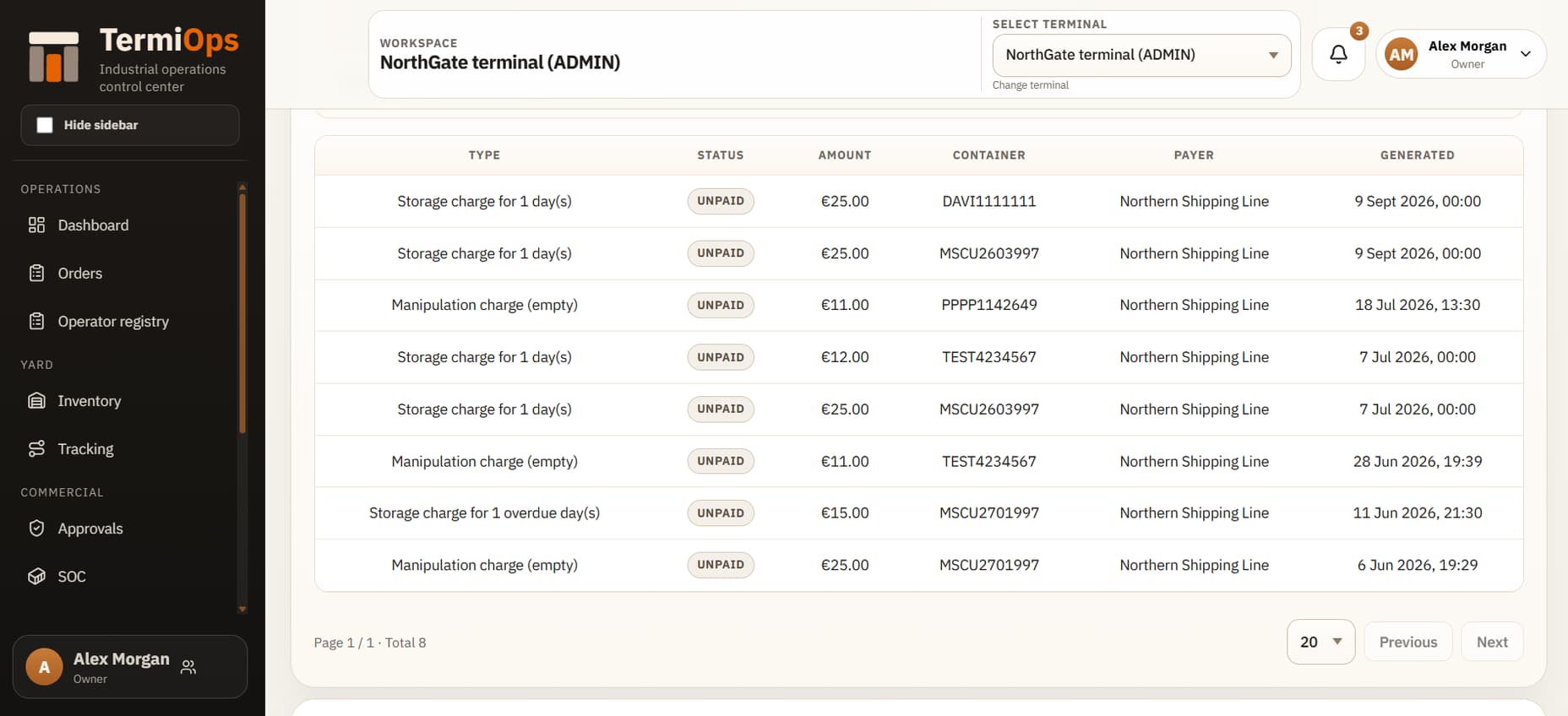 TermiOps finance registry showing operational charges and payment status