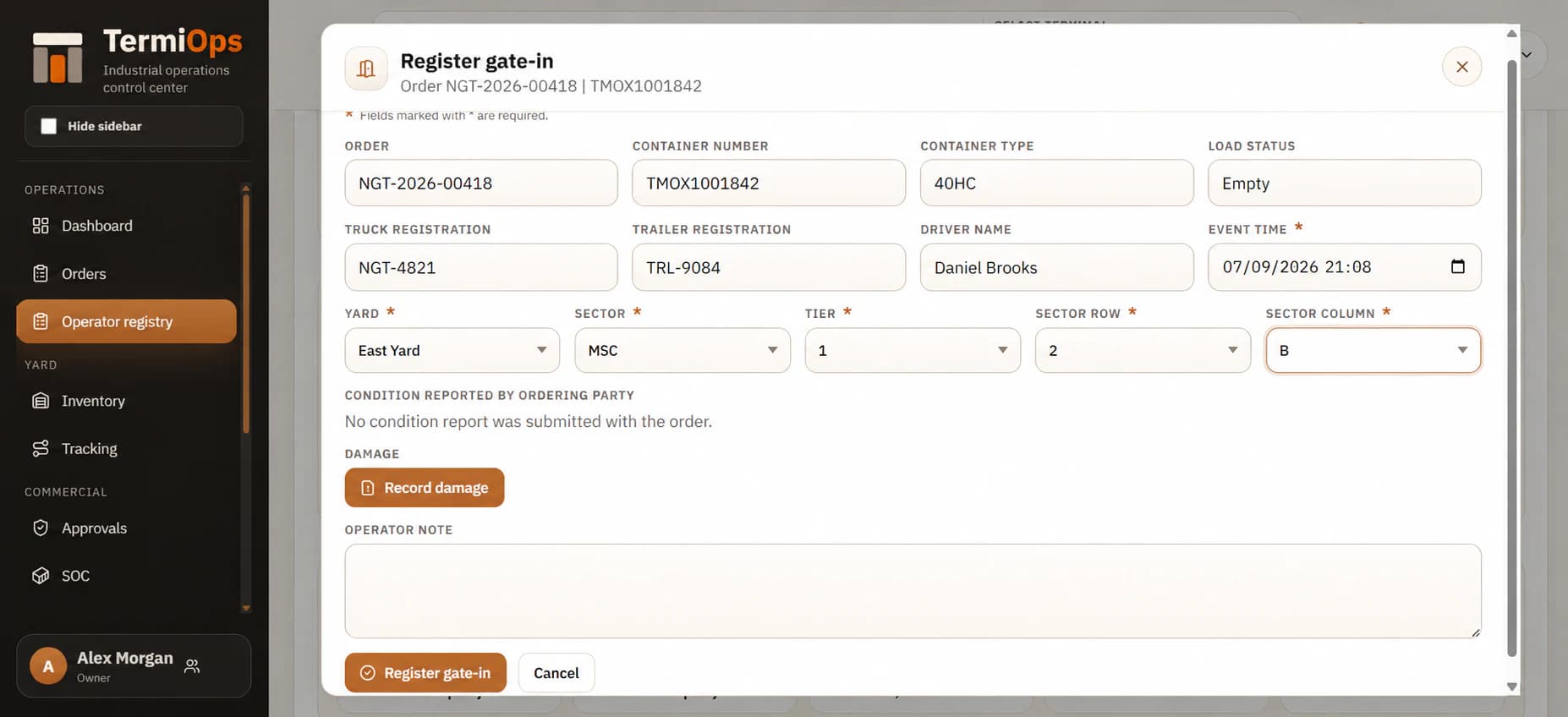 TermiOps guided gate-in registration workflow